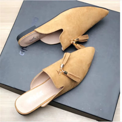 Women Metal Fringe Slippers Flock Shoes Front Closed Toe Khaki Purple Slide For Small And Wide Feet 44-33 22cm Comfortable Tacon