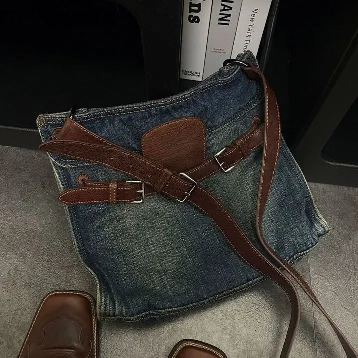 Fashionable and Versatile Contrasting Denim Vintage Design Single Shoulder Crossbody Bag for Women Jeans Bags