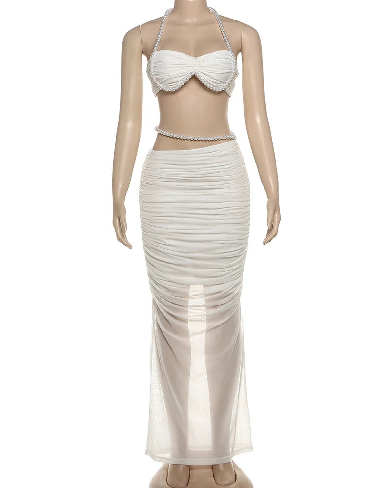 Fashion Elegant 2Piece Set Woman Pearl Decoration Halter Crop Tops+Mesh Patchwork Low-Waist Long Skirt Sexy Style Outfits