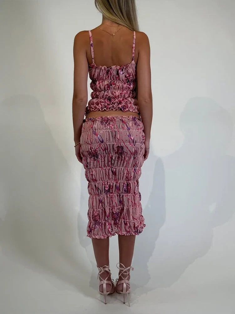 See Through Print Folds 2-Piece Set Women Backless Sleeveless Suspenders+Elasticated Waist Skirts Holiday Matching Suit