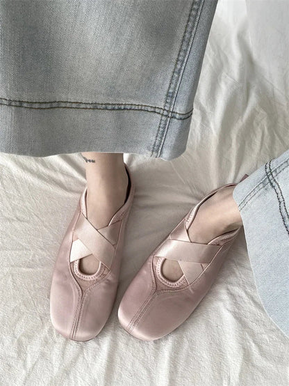 New Women's Ballet Slippers Pink Soft Sole Shallow Heel Round Head Fiberglass Fabric Retro Style Low Heel