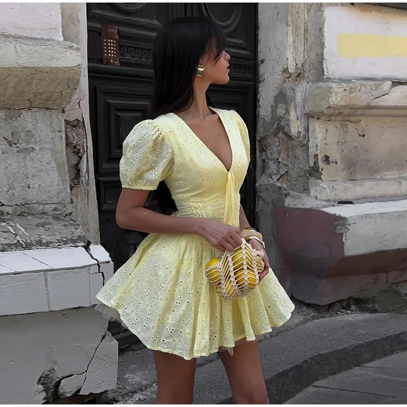 Elegant Embroidery Hollow Out Short Dress Slim V-neck Puff Sleeve Pleated A-line Dresses 2025 Summer Lady Yellow Party Robes