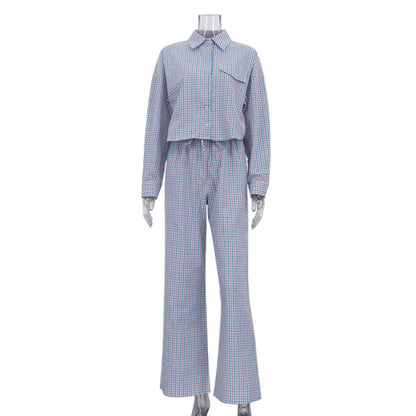 Women's Pink Blue Plaid Set Oversized Shirt & Wide-Leg Pants 2 Piece Set Casual Loose Long Sleeve Co-ord Outfits Chic Tracksuit
