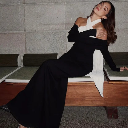 Off Shoulder Crisscross Halter Long Sleeve Column Maxi Dress