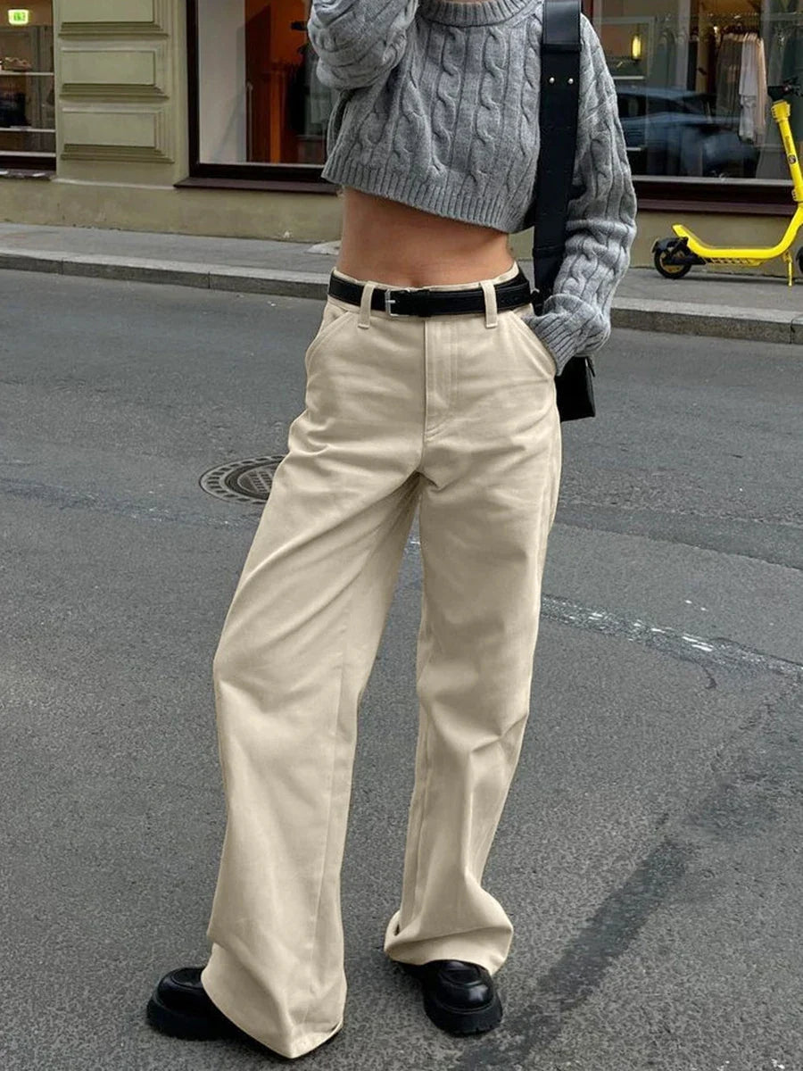 Khaki Classic Wide Leg Pant Women High Waist Pocket Loose Simple Trouser Autumn Winter Streetwear Fashion Casual Pants New