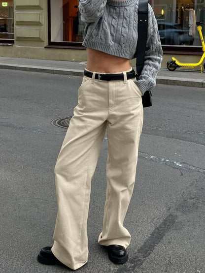Khaki Classic Wide Leg Pant Women High Waist Pocket Loose Simple Trouser Autumn Winter Streetwear Fashion Casual Pants New