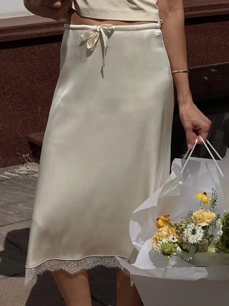 Fashion Satin Lace Patchwork Drawstring Short Skirt Feminine Elegant Slim Fit Midi Skirt Female Summer Streetwear