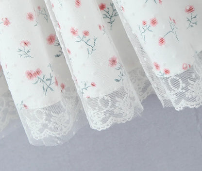 Pastoral Floral Tie-up Polka Dot Mesh Lace Dress 2025 Summer Square Neck Short Sleeve Women Dresses Casual Beach Holiday Dress