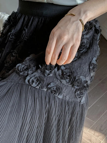 Midi Long Skirt Women Mesh Skirt 2024 Goth Sweet Spring Summer High Waisted A-Line Solid Floral Pleated Skirts rok