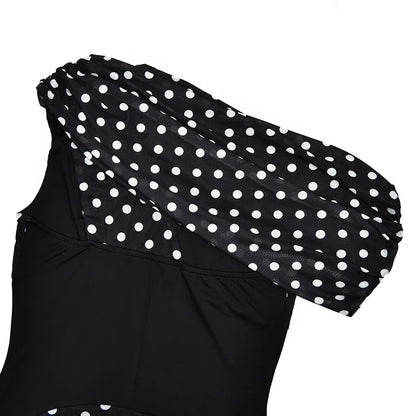 Personalized Design Diagonal Neck Off-the-shoulder Polka Dot Dress Female Sexy Slim Mesh See-through Backless Dress
