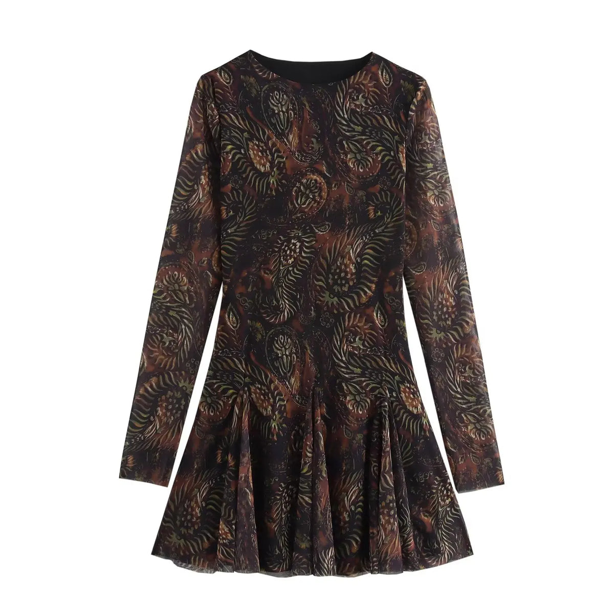 Crew Neck Long Sleeve Paisley Print Pleated Flare Mini Dress
