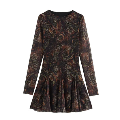 Crew Neck Long Sleeve Paisley Print Pleated Flare Mini Dress