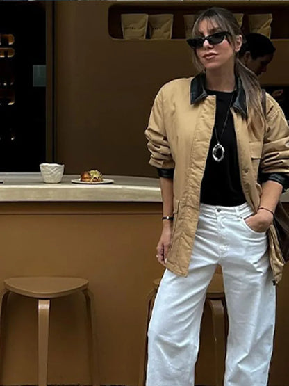 Classic Vintage Women's Jacket Splicing Leather Lapel Neck Jackets New Autumn Winter Fashion Women Coat Casual Ladies Outerwear