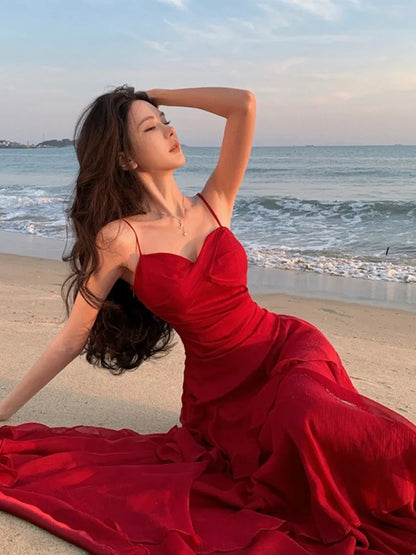 Women Elegant Red Ruffles Waist Cinching Dress Sexy Strap Backless A-Line Long Robe Summer New Style Holiday Evening Dresses