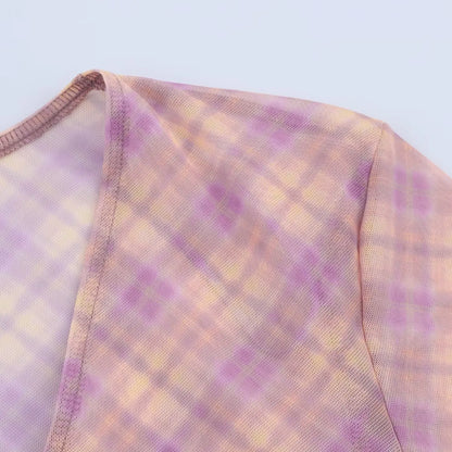 Plaid Retro Sweet Summer Outfits Chic Flare Sleeve Cardigan Top + High Waist Long Skirts 2 Piece Set Pink Y2K Women Set