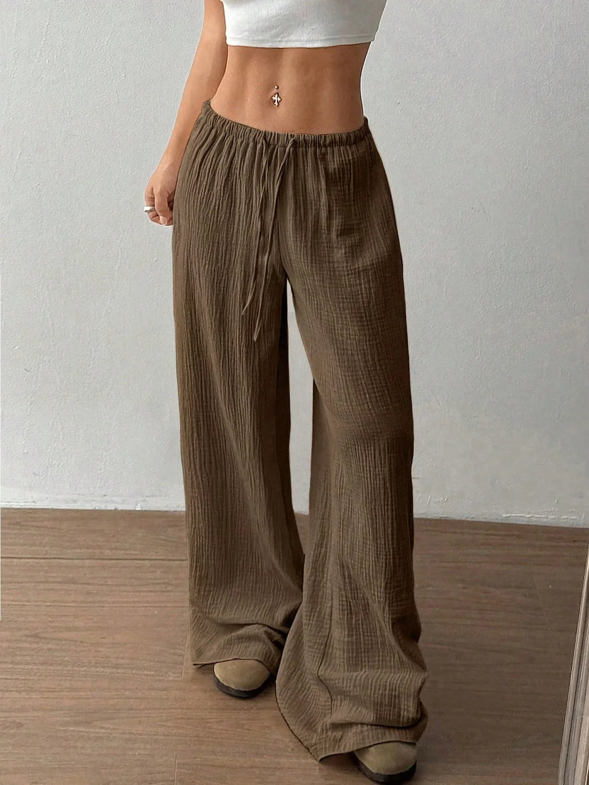 New Style Pure Cotton Fashion Casual Solid Color Loose Wide-Leg Floor-Length Trousers for Women