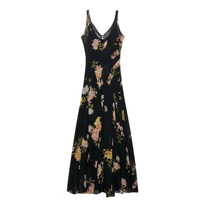 Women's Summer V-Neck Sleeveless Midi Dress Female Sexy Printed Pleated Decoration Sling Waist Evening Party Dress