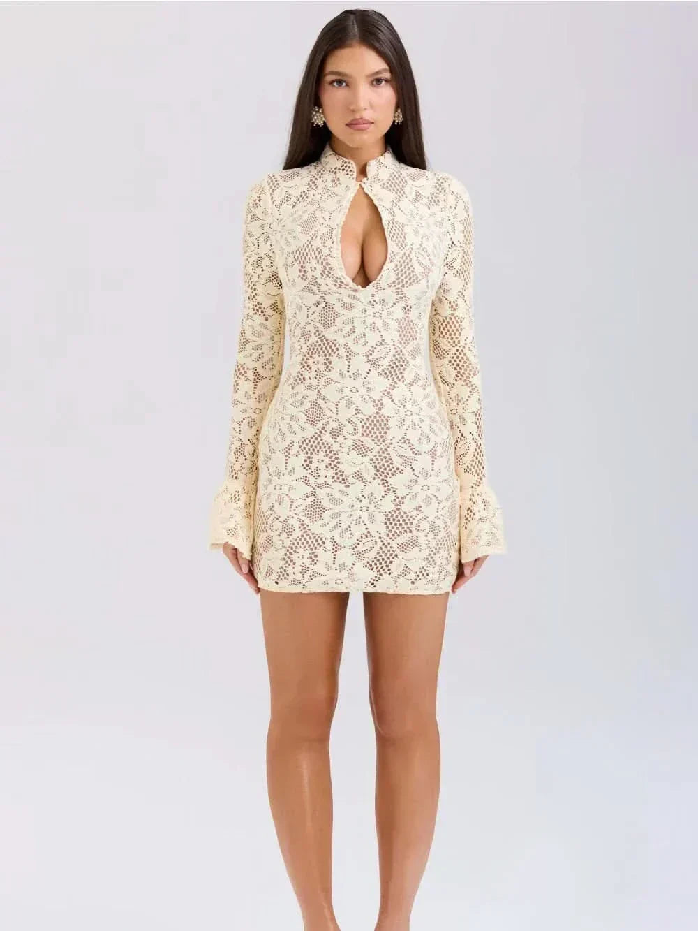 Mock Neck Keyhole Cutout Floral Lace Long Sleeve Bodycon Mini Dress