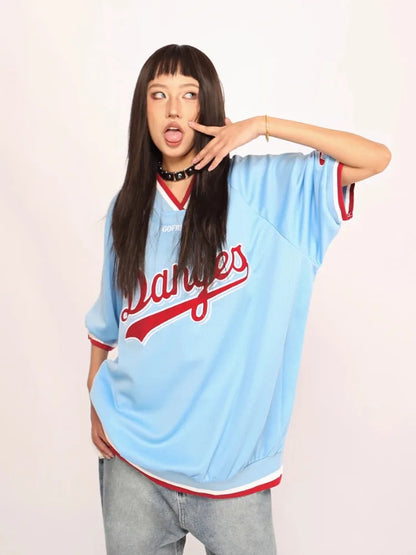 Y2k Sport Embroidery Graphic T Shirts for Women Oversized V-neck Quick Drying Short SleeveTee Summer Hip Hop Casual Tops