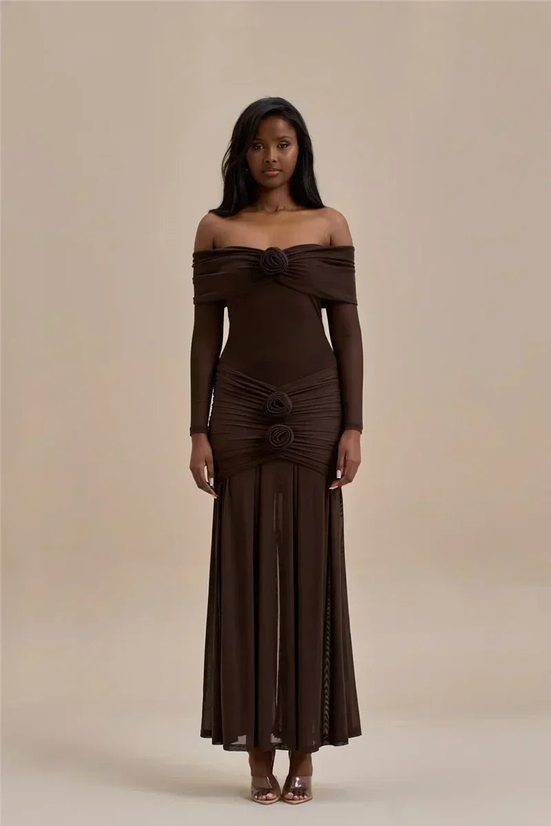 Off Shoulder Mesh Sleeve Ruched Rosette Applique Mermaid Maxi Dress