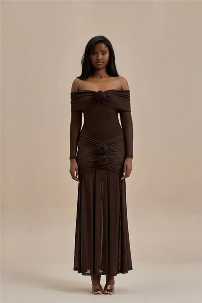 Off Shoulder Mesh Sleeve Ruched Rosette Applique Mermaid Maxi Dress