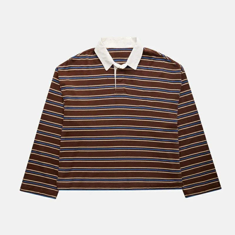 Women Y2K Vintage Retro Sweatshirts Long Sleeve Lapel Button V-Neck Pullover Top Loose Striped Rugby Pol0 Tee Shirts