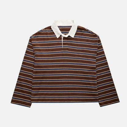 Women Y2K Vintage Retro Sweatshirts Long Sleeve Lapel Button V-Neck Pullover Top Loose Striped Rugby Pol0 Tee Shirts