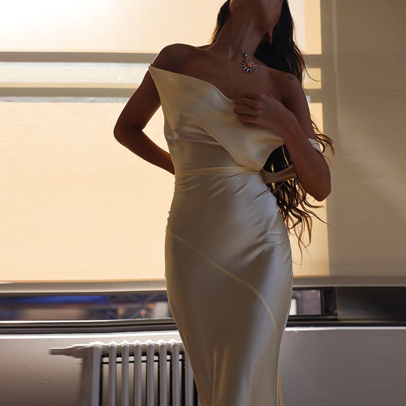 Cowl Neck Plunging Back Satin Maxi Dress