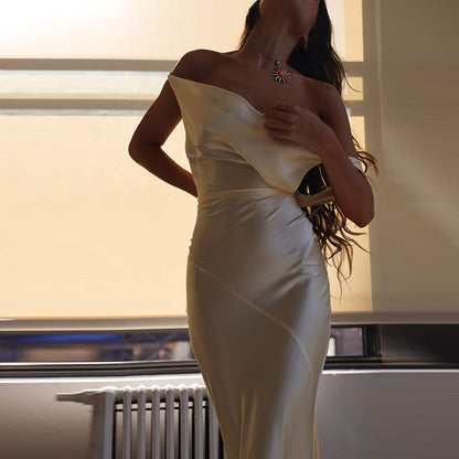 Cowl Neck Plunging Back Satin Maxi Dress