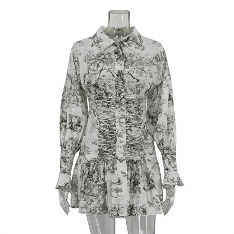 Retro Print Dress Women's High Waist Lapel Lace Up Long Sleeve Shirt Dress Summer Casual Street Short Dress Vestidos