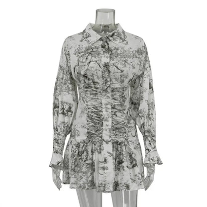 Retro Print Dress Women's High Waist Lapel Lace Up Long Sleeve Shirt Dress Summer Casual Street Short Dress Vestidos