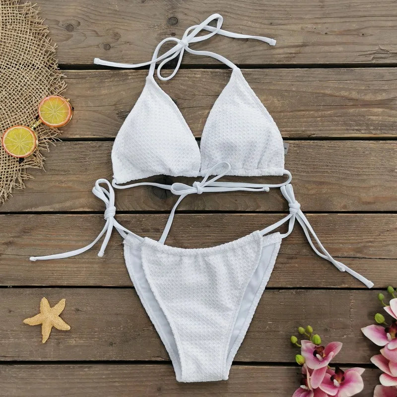 Summer Sexy Lace Bikini 2 Piece Set Women Solid White Halter Bandage Bra Lace Up Briefs Floral Bodycon Skirt Beach Swimwear