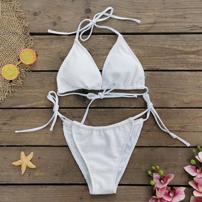 Summer Sexy Lace Bikini 2 Piece Set Women Solid White Halter Bandage Bra Lace Up Briefs Floral Bodycon Skirt Beach Swimwear