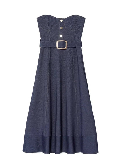 Elegant Off Shoulder Belt Women's Denim Dress Solid Backless Sleeveless Strapless A-line Dresses 2025 Summer Fashion Lady Robes