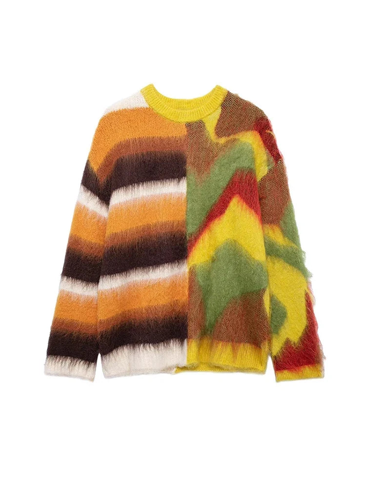 Mohair Contrast Color Knitted Sweater Women Chic Jacquard Loose Striped O-neck Long Sleeve Pullover Soft Furry Autumn Jumper