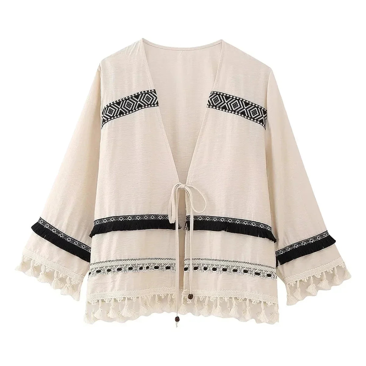 Tassel Casual Loose Apricot Blouse Top Summer Autumn 3/4 Sleeve Tie Up Holiday New Blusa Mujer 2024 V Neck Top