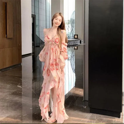Summer Fashion High Split Irregular Long Holiday Chiffon Dress Women Backless Halter Off Shoulder Floral Print Beach Fairy Dress