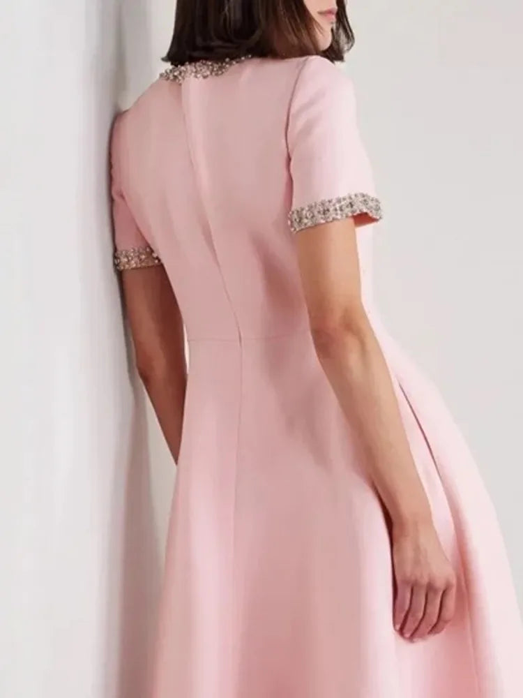 Round Neck Crystal Trim Bow Detail Short Sleeve Fit and Flare Midi Dress