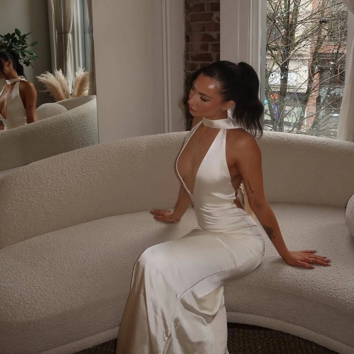 Halter Choker Deep V Neck Satin Column Maxi Gown