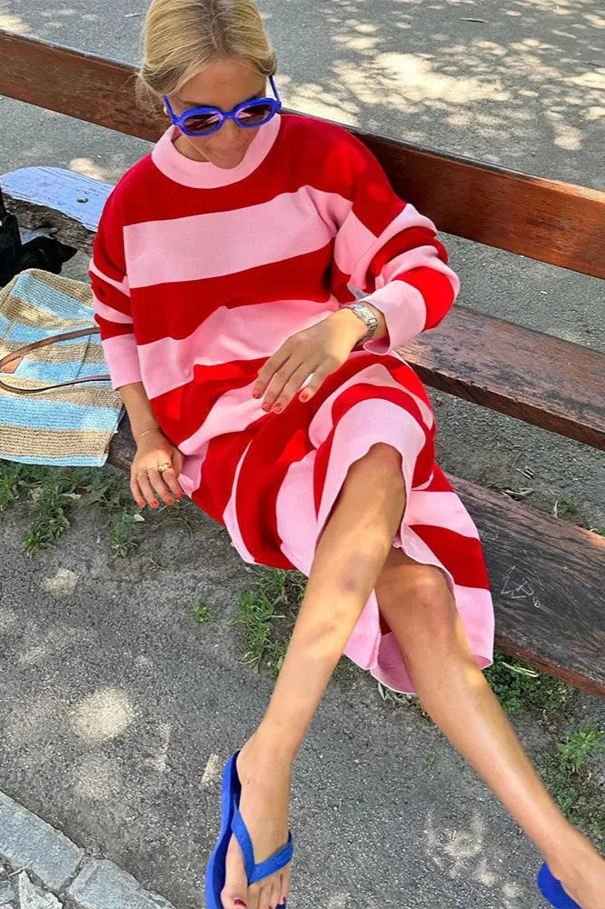 Oversized Horizontal Stripe Crew Neck Knit Maxi Dress