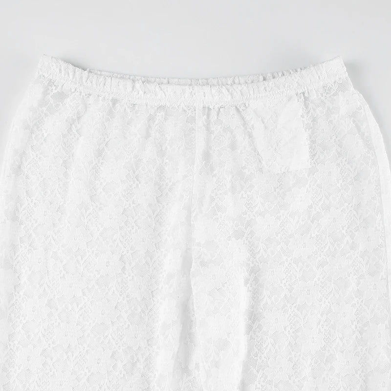 White Transparent Lace Pants with Slit Women Chic See Through Low Rise Skinny Capris Vintage y2k Beach Holiday Trousers