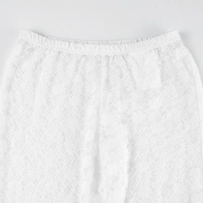 White Transparent Lace Pants with Slit Women Chic See Through Low Rise Skinny Capris Vintage y2k Beach Holiday Trousers