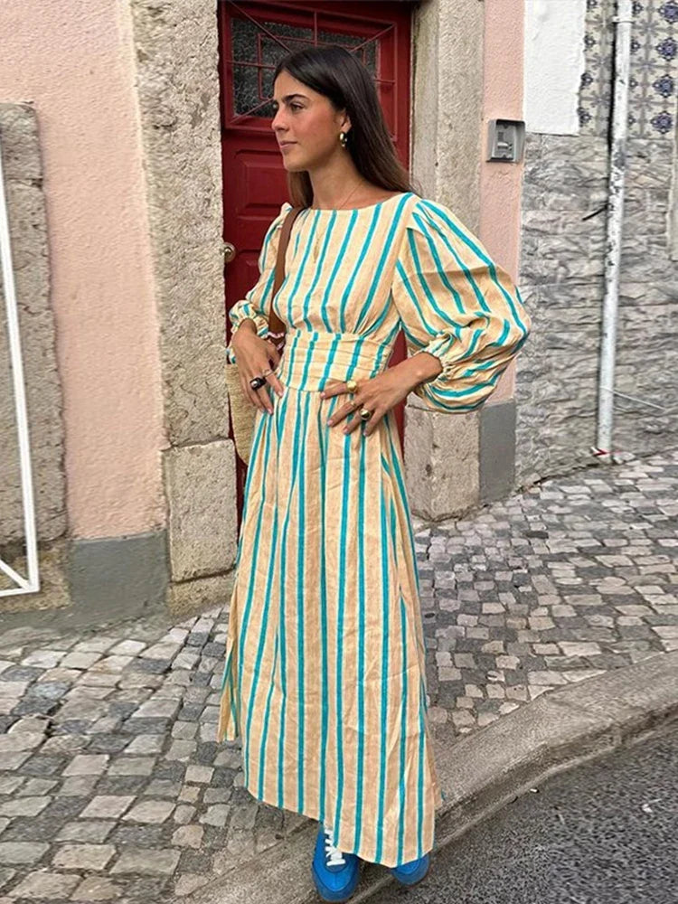 Casual Stripes Long Dresses Women Loose Backless Lace Up Long Lantern Sleeve Dress Female Summer Fashion Streetwear Lady