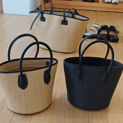 Summer New Straw Weave Women's Bag, Ins Small and Unique Design Handbag, Bucket Style Vacation Bag, Large Capacity Crossbod