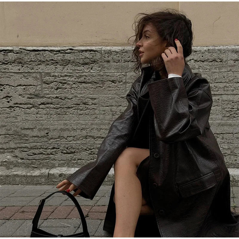 Retro Solid Color Lapel Women's Windbreaker Elegant Long Sleeved Single Breasted Pocket Coats Autumn High Street Lady Streetwear