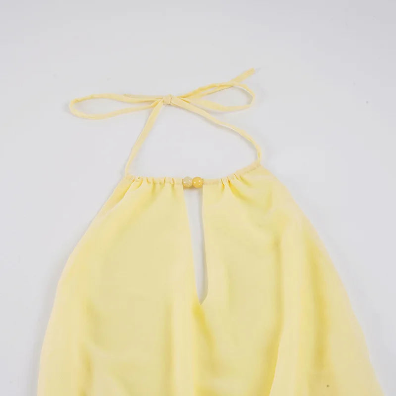 Elegant Women's Backless Mini Dress Halter Neck High Waist Layer Ruffle Summer Beach Streetwear Party Female Dresses New