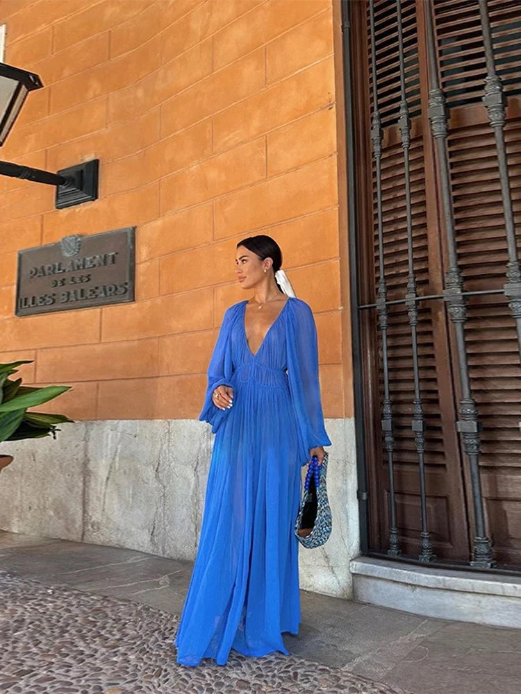 Elegant Pleated Long Dress Women Loose V Neck Long Sleeves High Waist Vestidos Female 2025 Summer Holiday Solid Evening Dresses