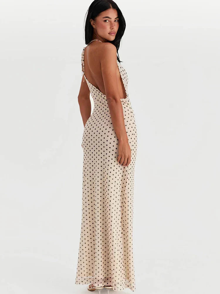 Cowl Neck Polka Dot Spaghetti Strap Maxi Dress
