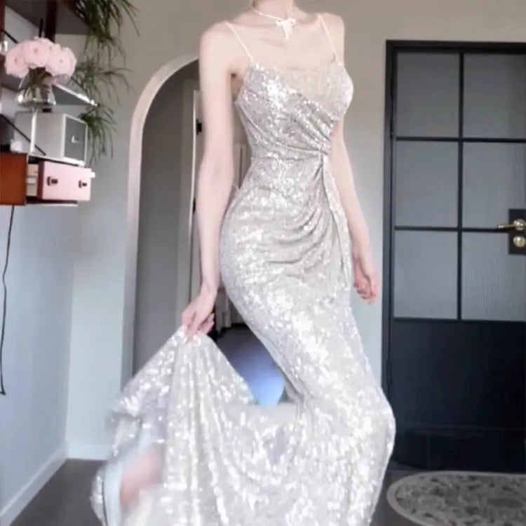 Annual & Engagement Party Gown - High-End, Light Luxury, Niche Dress for Bride's Morning, Toast & Sling Camisole