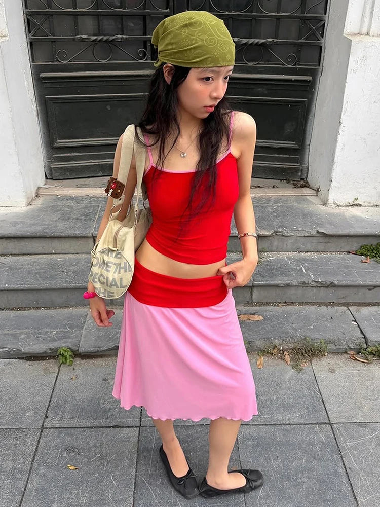 Low-Neck Fit Camisole+Patchwork Elastic Waist Skirt Summer Vacation Color Blocking 2-Piece Set Women Street Streetwear